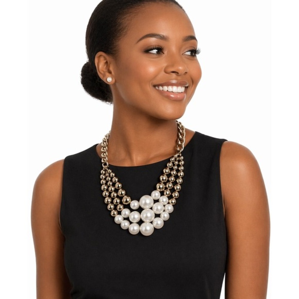 Gold Tone Faux Pearl Multi Strand Bib Necklace Graduated Bead Draped Chic J-01